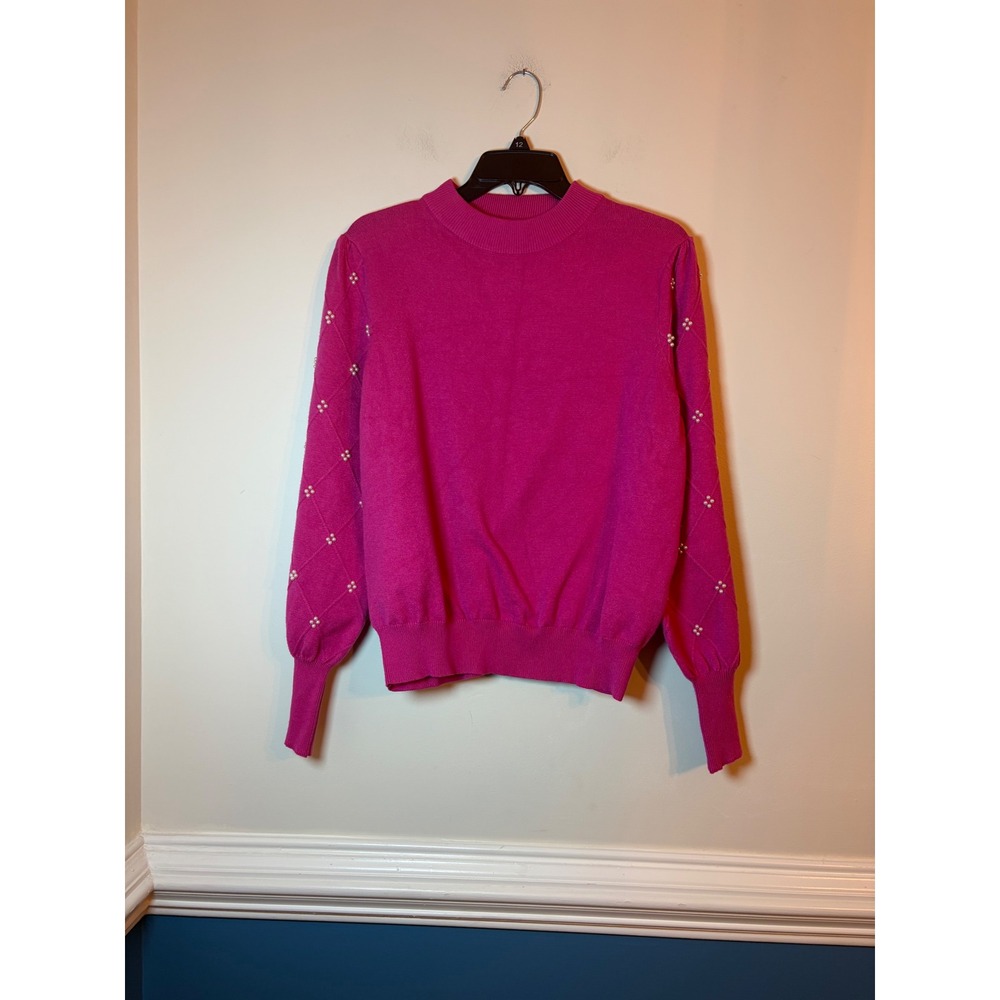 Nanette Lepore Sweater Womens XL Pink Pearl Embellished Puff Sleeve Mock Neck